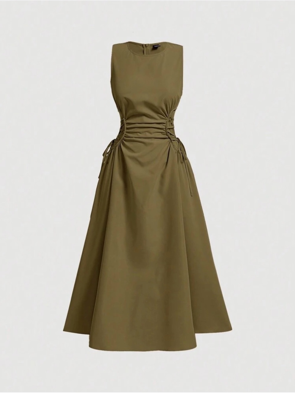 Ovelo Army Green Ruched Sleeveless Maxi Dress – Summer Elegant A-Line Long Dress